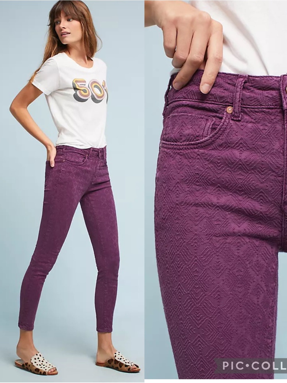 Pilcro for Anthropologie Script Purple Textured Skinny Jeans size 30.